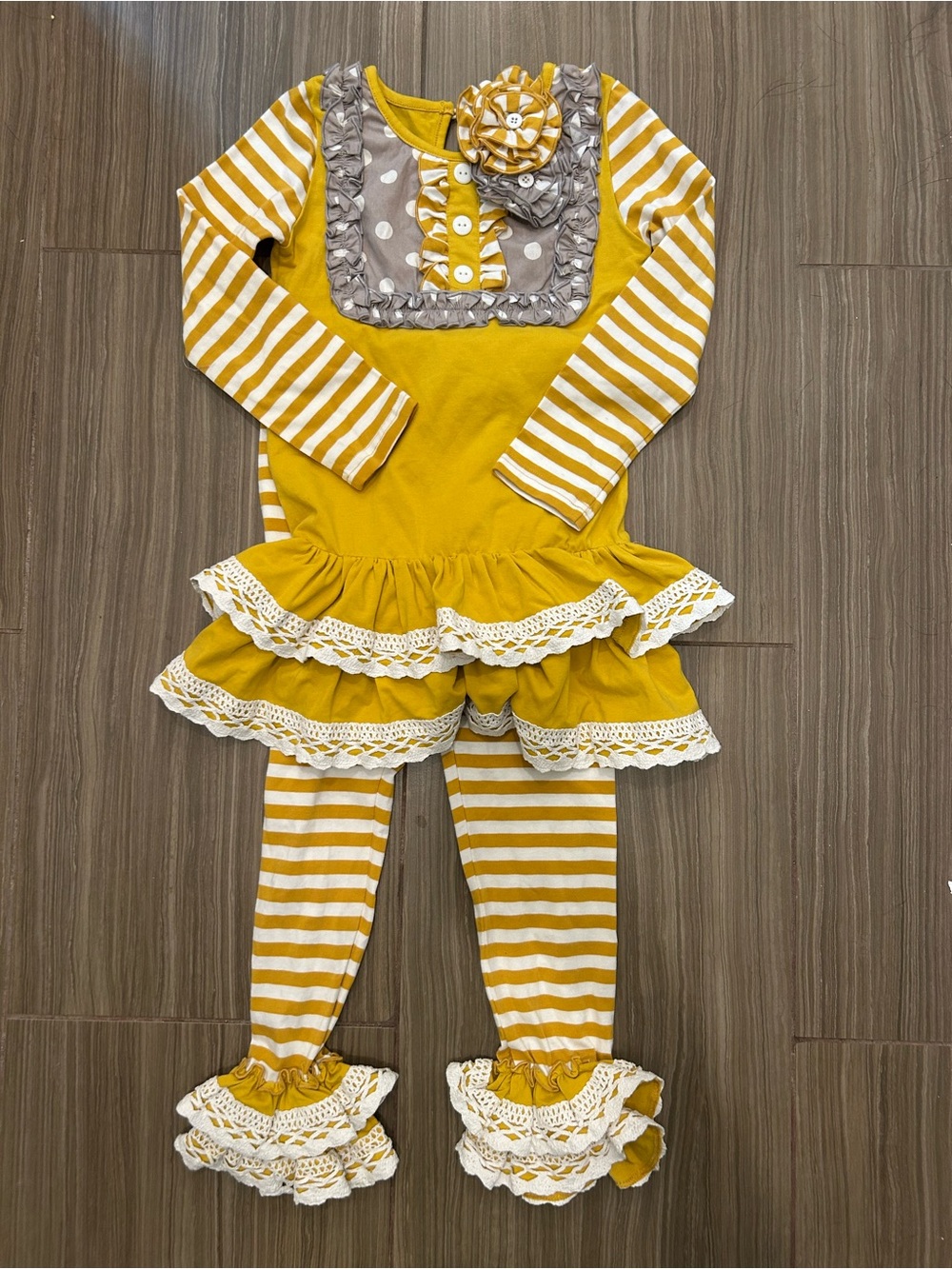 Yellow Striped Girls Ruffle Tunic & Legging Set with Lace Trim
